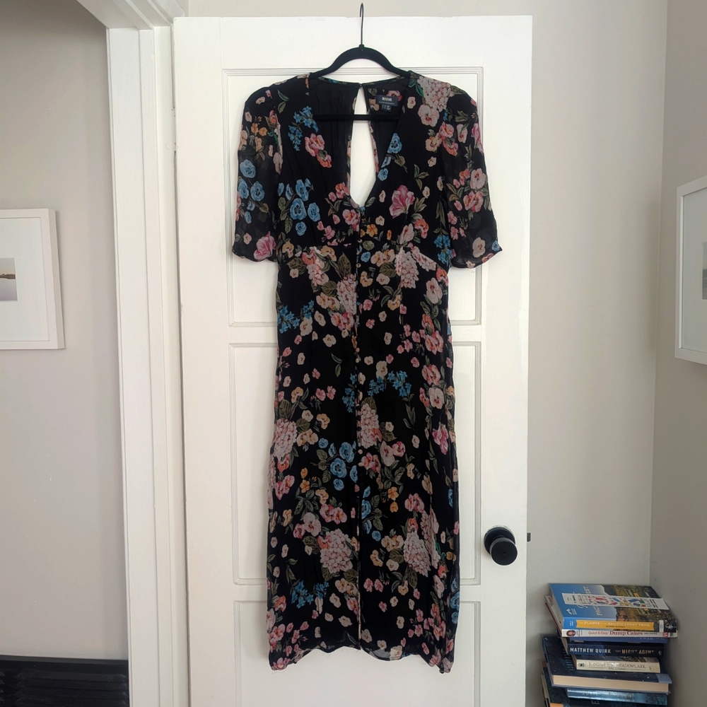 Maeve Pink and Black Sheath Midi Dress with Puff Sleeves